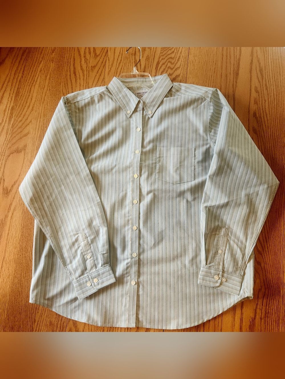 U41 Cabin Creek Wrinkle Free Women's Light Green Yellow Striped Button-Up Shirt